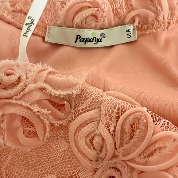 Papaya Strapless Peach Chiffon Maxi Dress M Lace Appliqué Bodice, Pleated Skirt - Picture 5 of 10